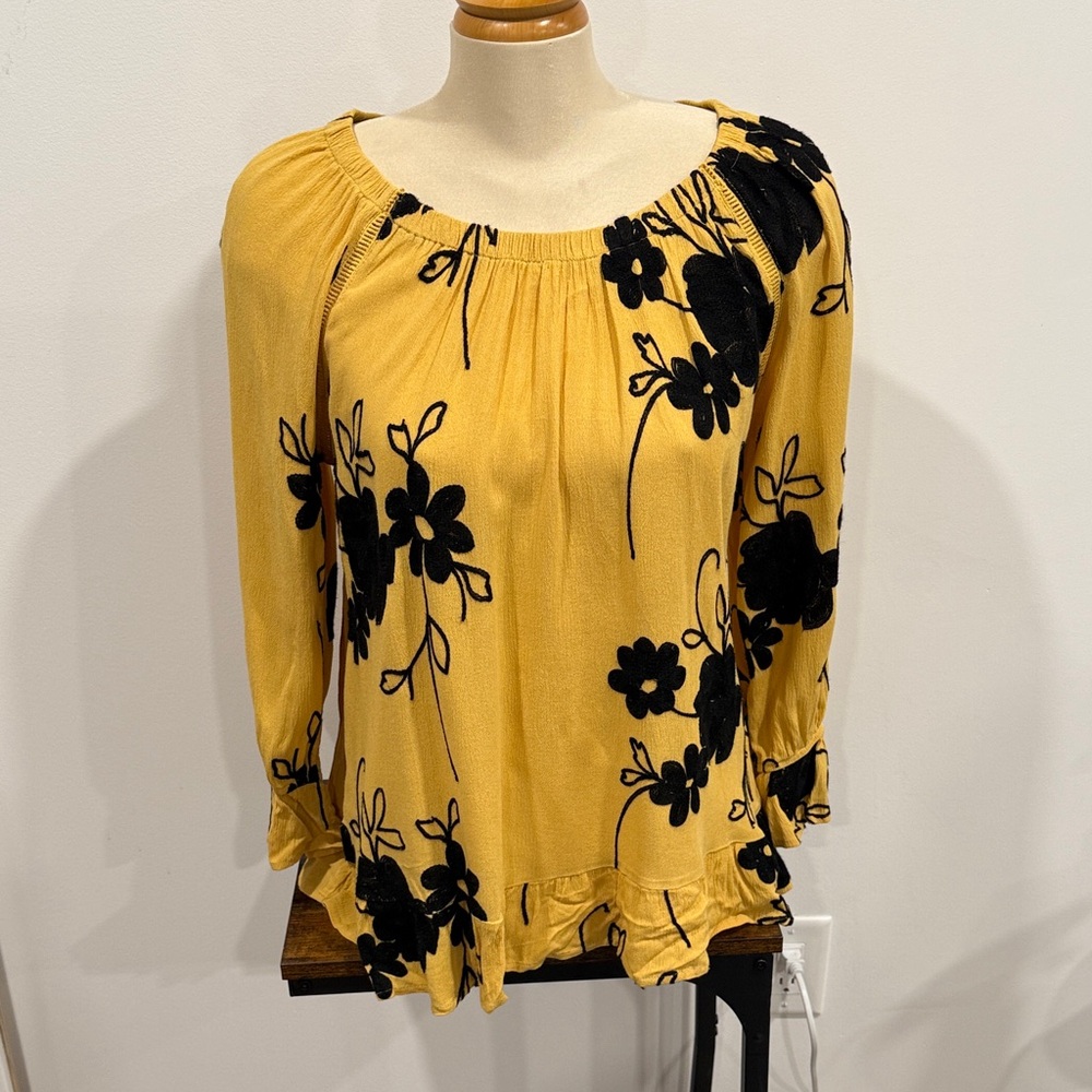 Mustard Yellow Floral Ruffle-Hem Pesent Top with embroidery